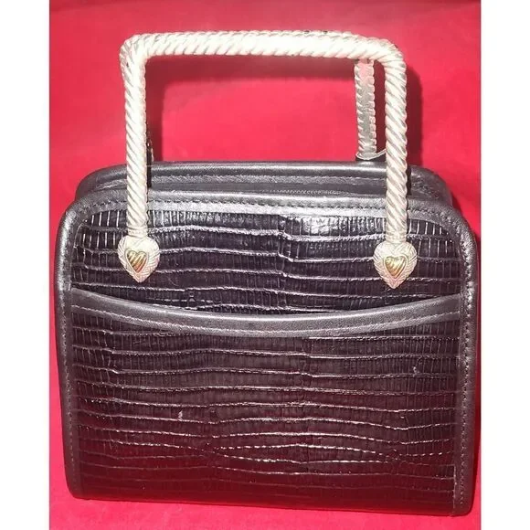 Vintage 1980s Brighton Black Croc Embossed Leather Double Metal Handle Box Purse